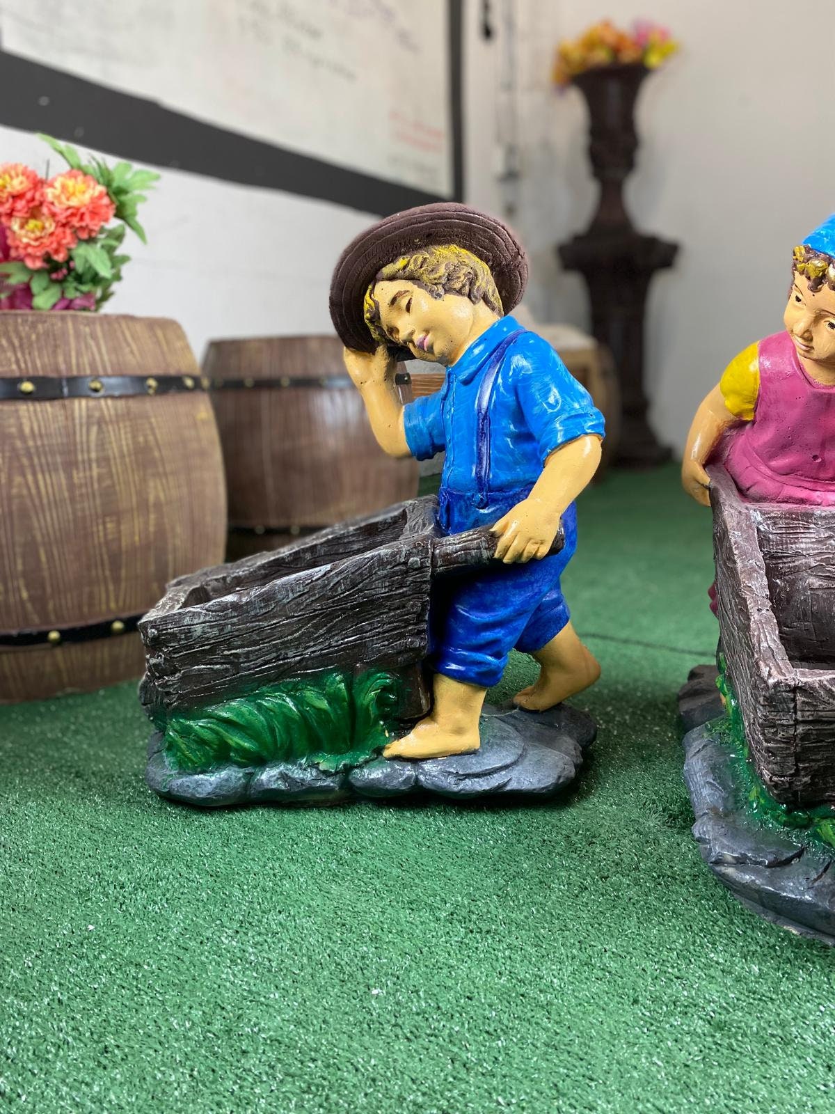 Concrete Boy with Wheelbarrow Statue, Hand-Painted Garden Decor (21 inch) photo 2