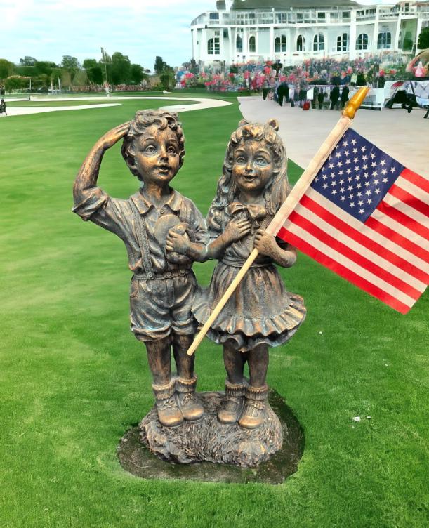 Patriotic Siblings Statue – Polyresin American Flag Garden Decor photo 2