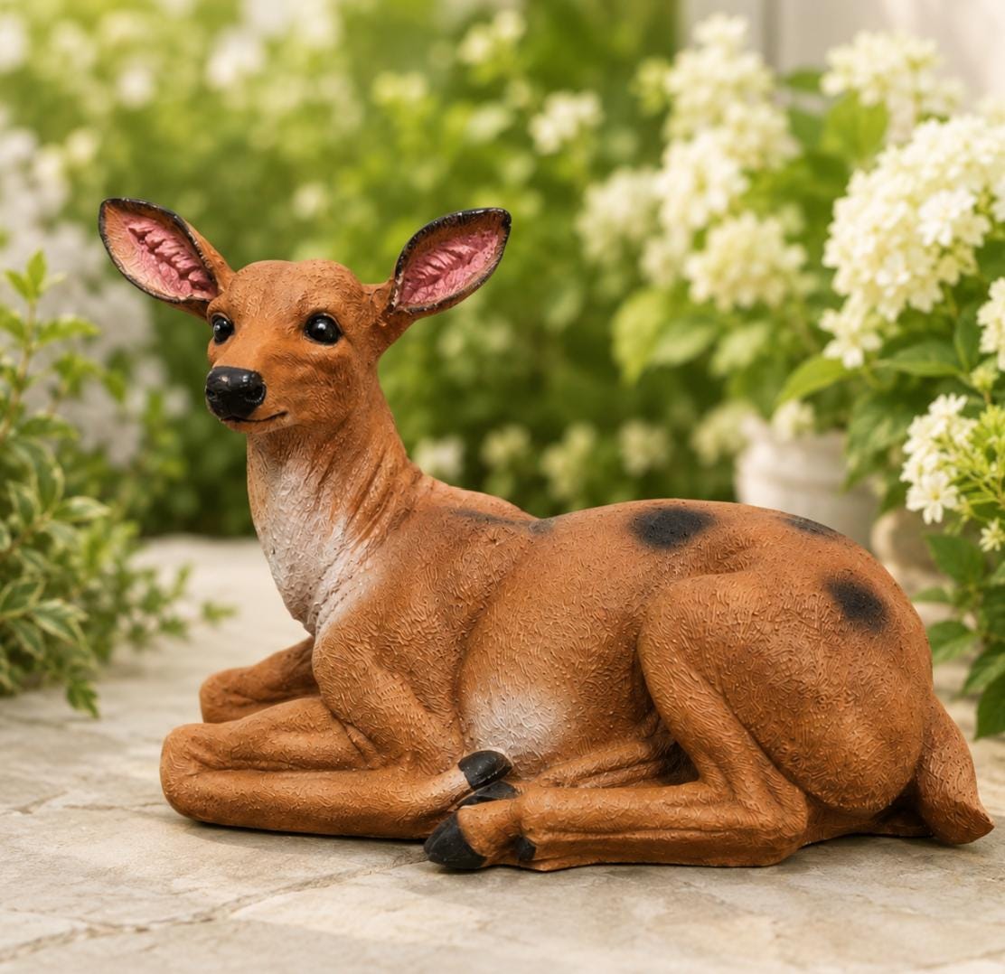 Solid Concrete Sitting Mother Deer Statue, Hand-Painted Outdoor Decor, Modern Home Accent photo 3