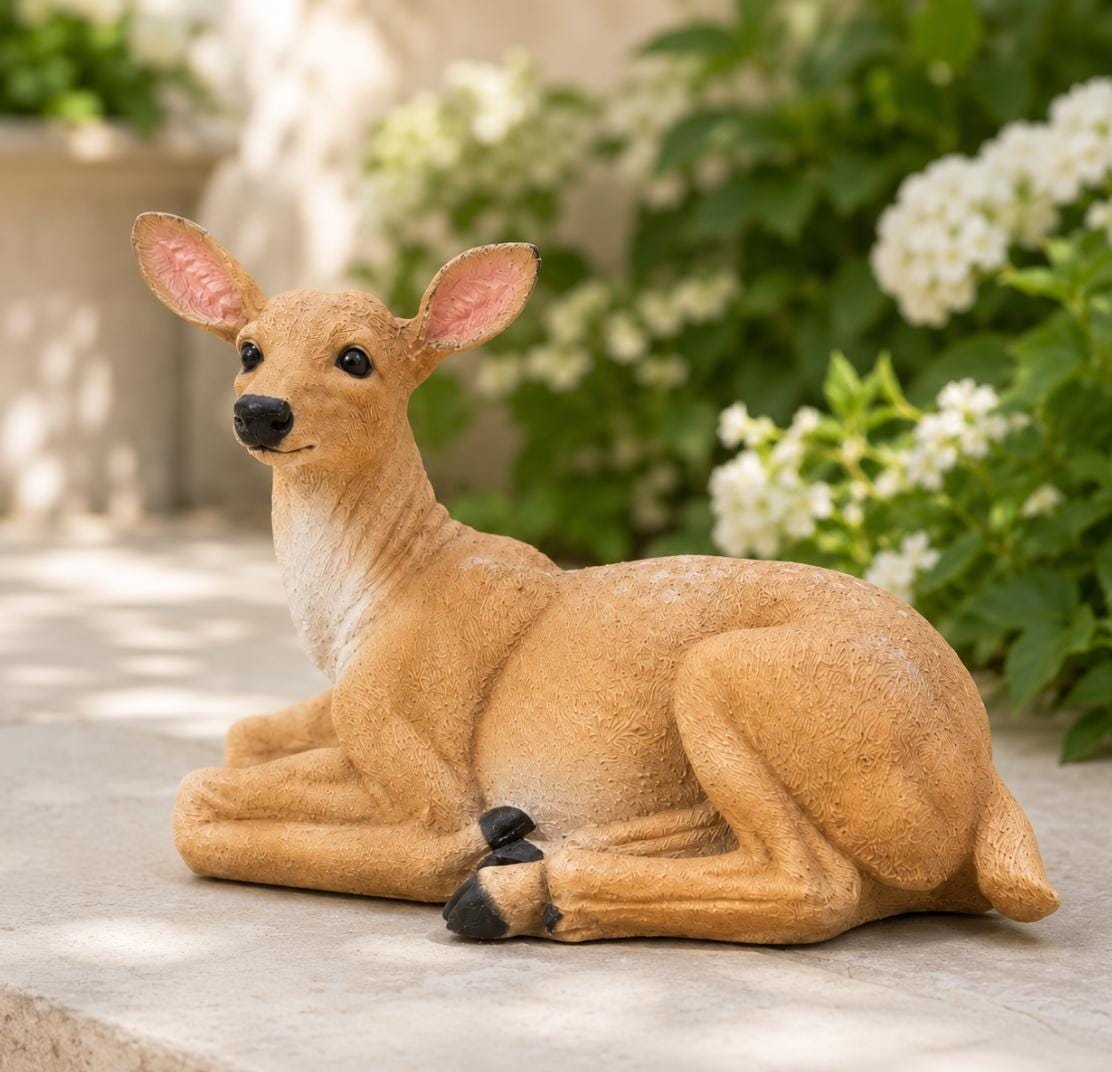 Solid Concrete Sitting Mother Deer Statue, Hand-Painted Outdoor Decor, Modern Home Accent photo 5