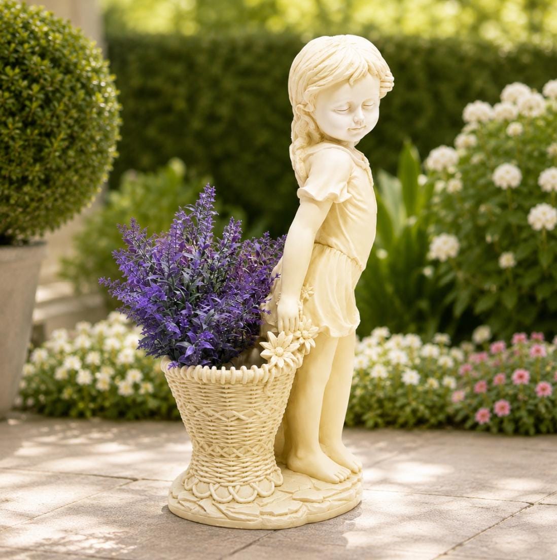 Cement Flower Girl Statue with Urn Planter – Antique Finish Garden Sculpture, Solar Light photo 2