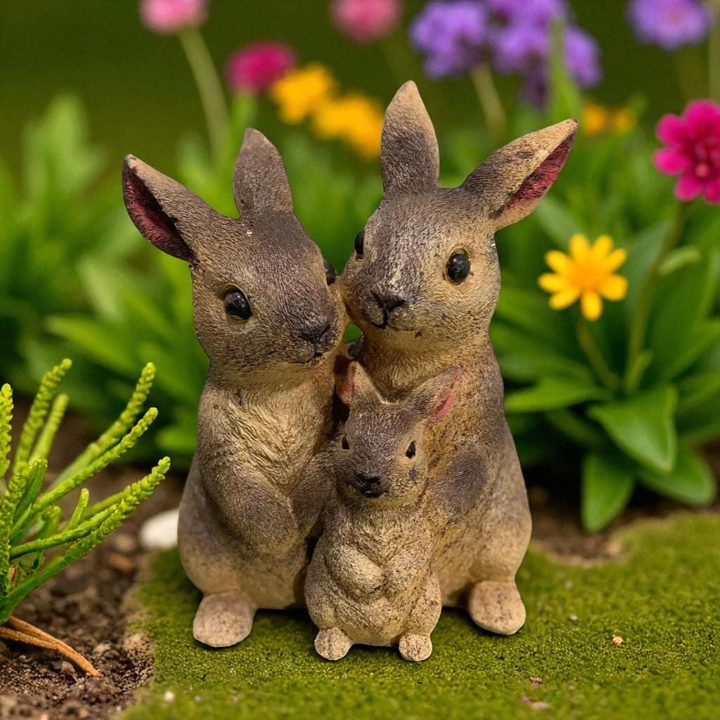 Concrete Rabbit Family Statue, Weatherproof Garden Decor, 9 inch