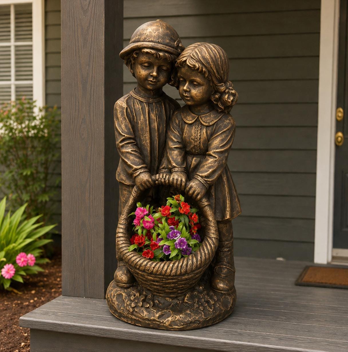 28" Solid Concrete Siblings Statue, Handmade Garden Decor with Solar Light photo 5