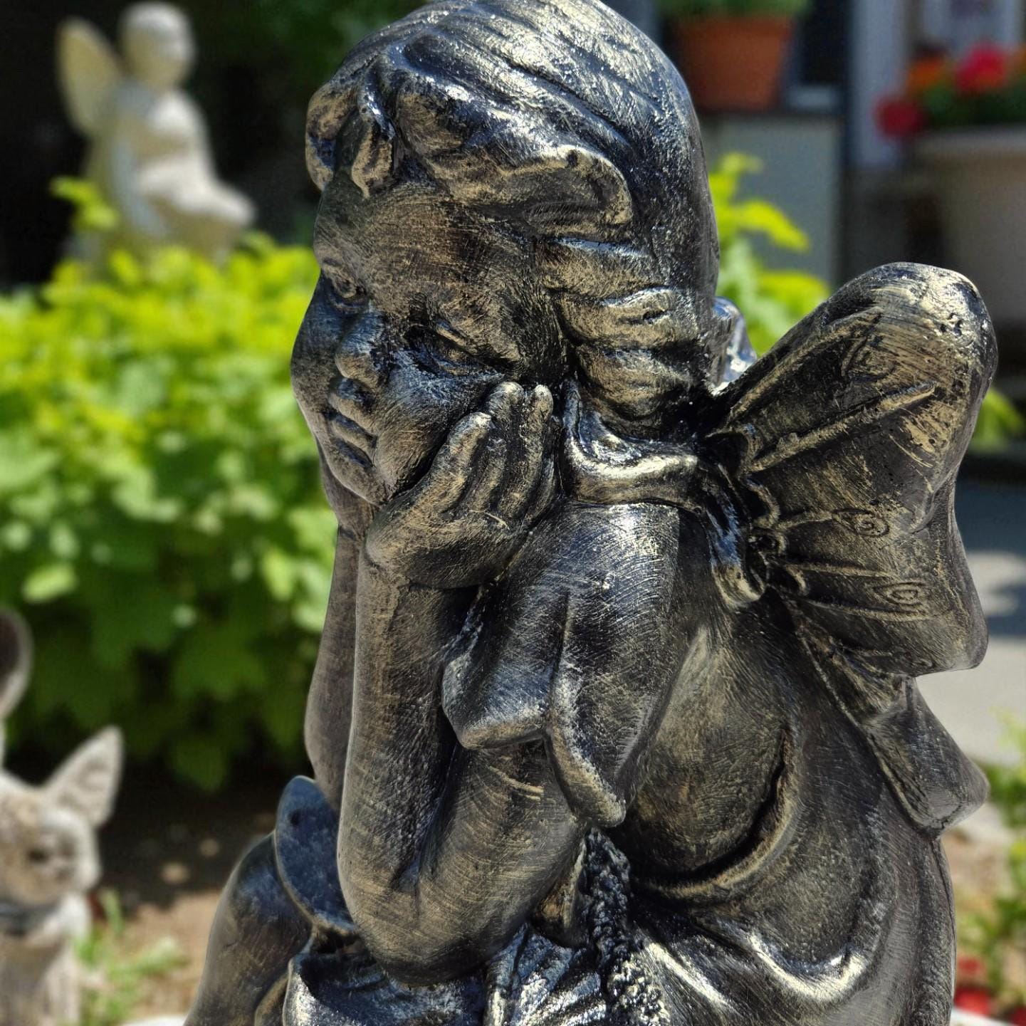 24" Concrete Sitting Angel Statue, Hand-Painted Garden Decor photo 7