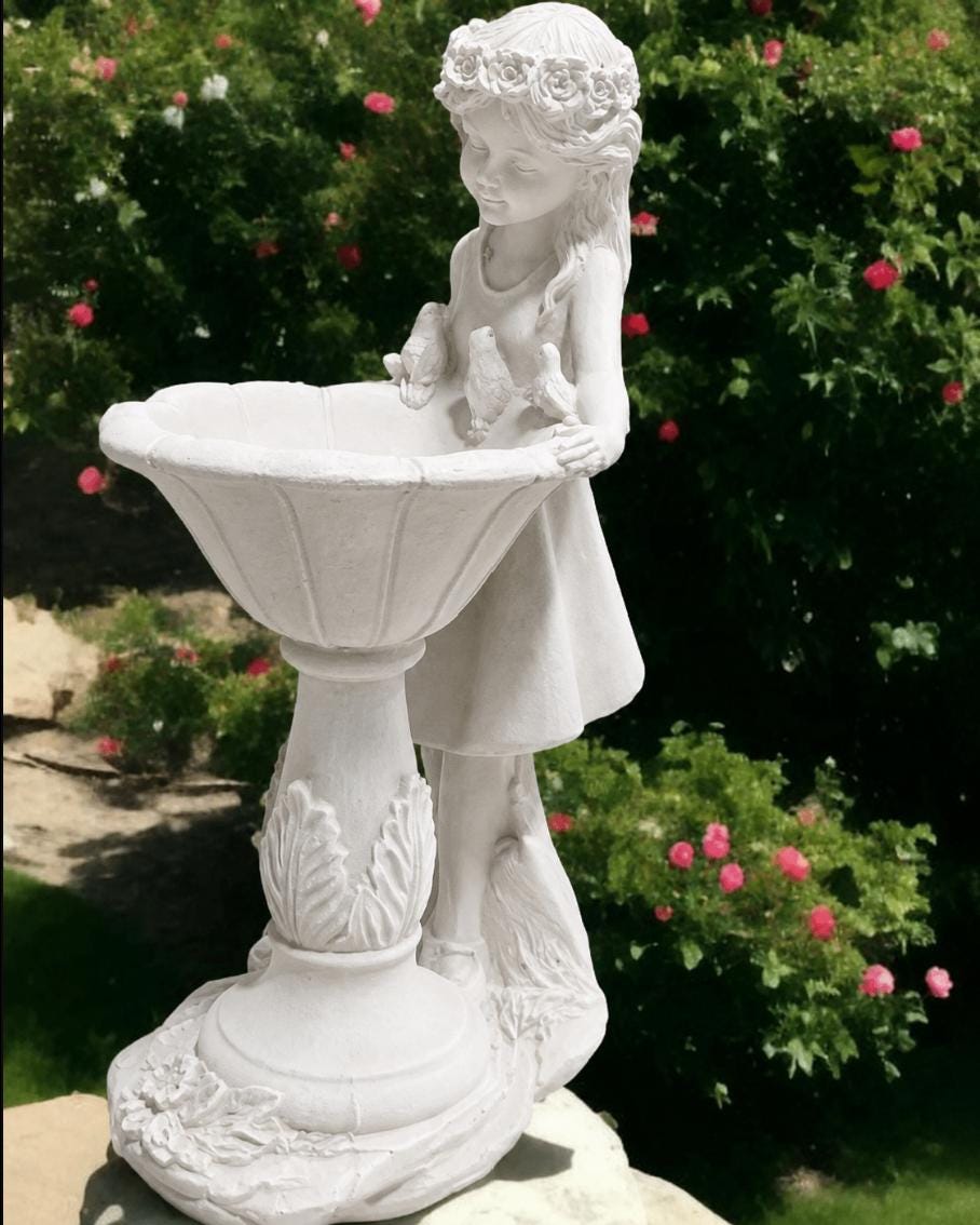Handcrafted Concrete Girl with Bird Bath Garden Sculpture – Detailed Angelic Women Statue