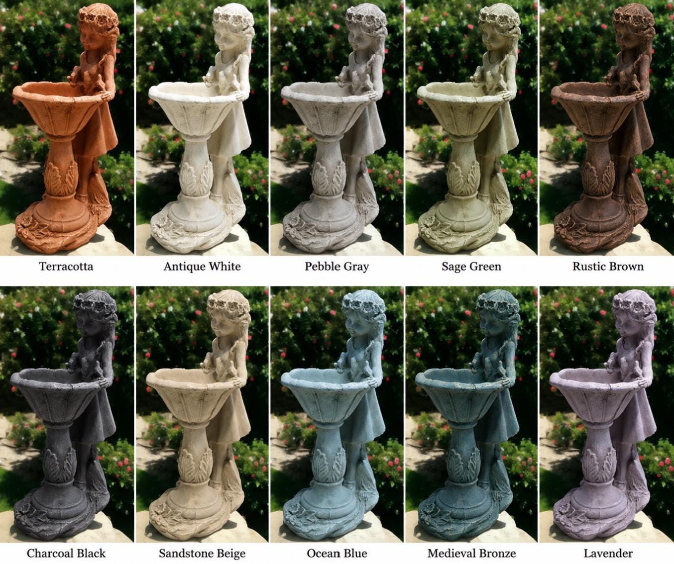 Handcrafted Concrete Girl with Bird Bath Garden Sculpture – Detailed Angelic Women Statue photo 5