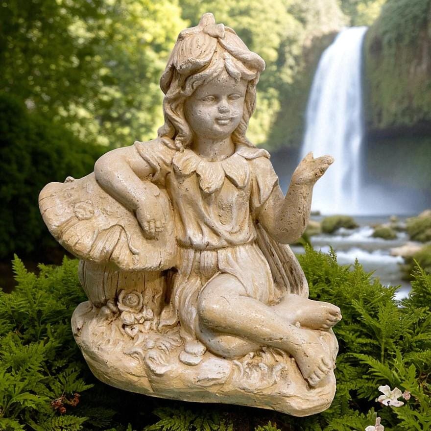 20" Large Concrete Garden Fairy on Mushroom Statue, Magical fairy tale decorations photo 8