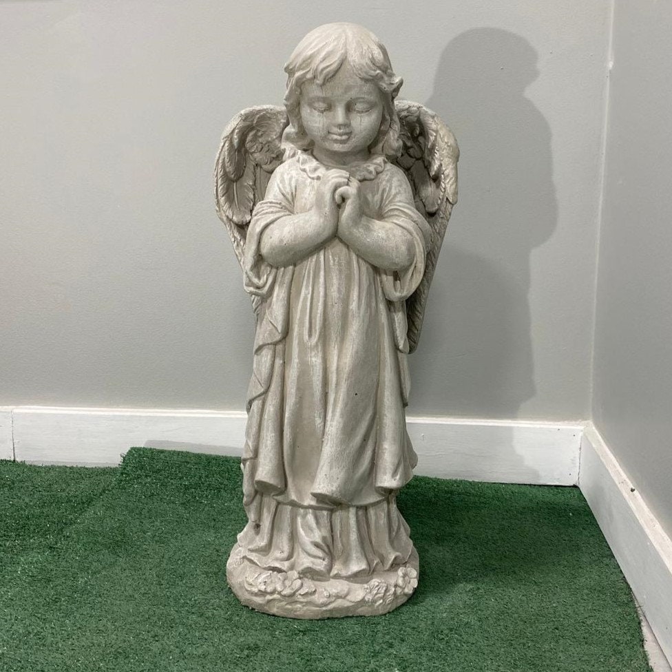 Large 26" Concrete Praying Angel Statue, Antique Stone Garden Decor