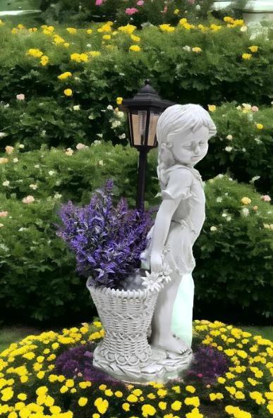 Cement Flower Girl Statue with Urn Planter – Antique Finish Garden Sculpture, Solar Light photo 6