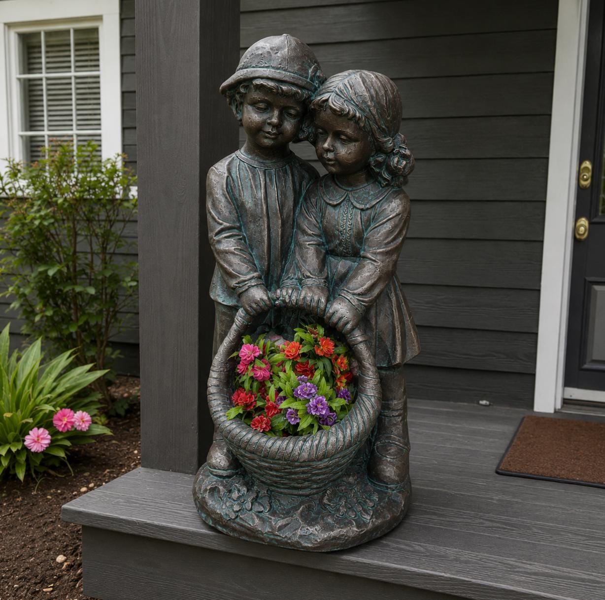 28" Solid Concrete Siblings Statue, Handmade Garden Decor with Solar Light photo 4