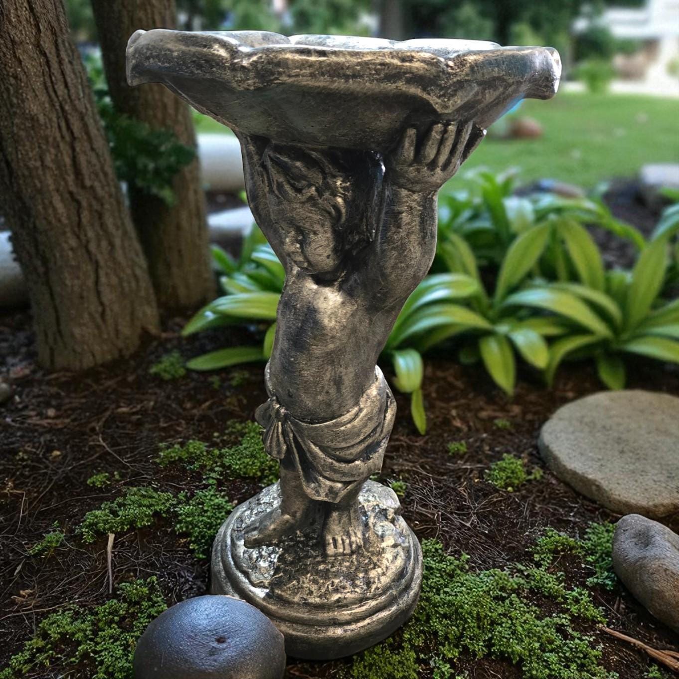 Handcrafted Concrete Boy Holding Birdbath Statue, Outdoor Garden Decor photo 5