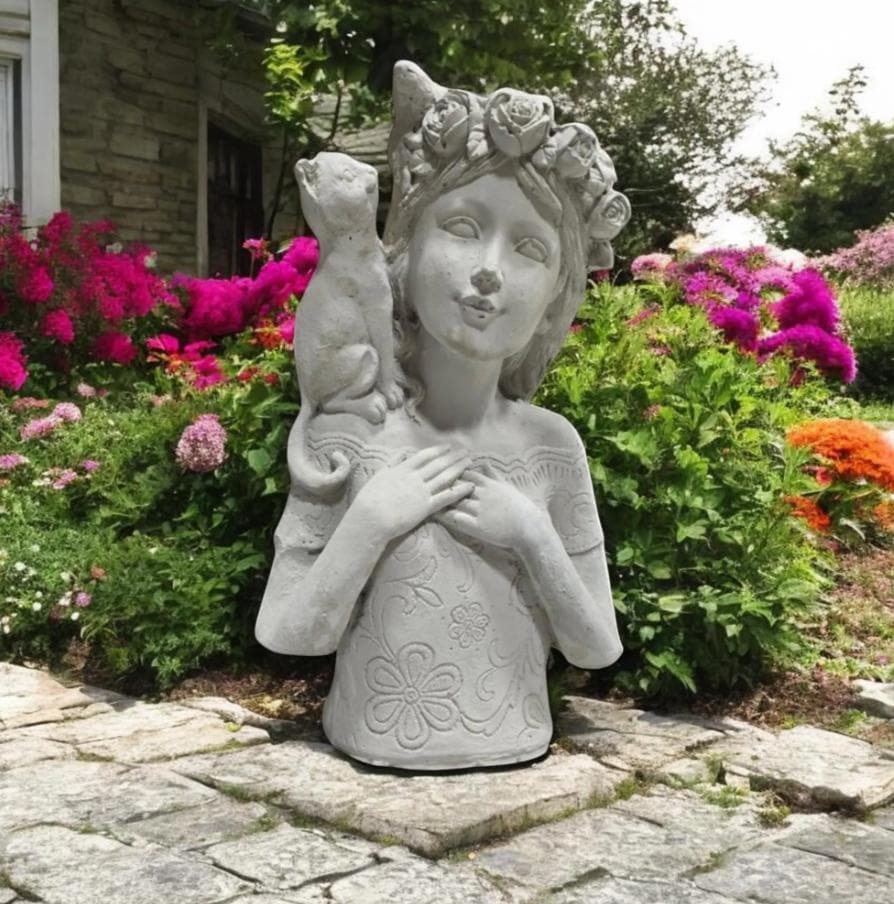 Rose Crown Girl Cat Statue, Hand-Painted Concrete Floral Sculpture, Cottage Garden Decor Yard Art photo 4