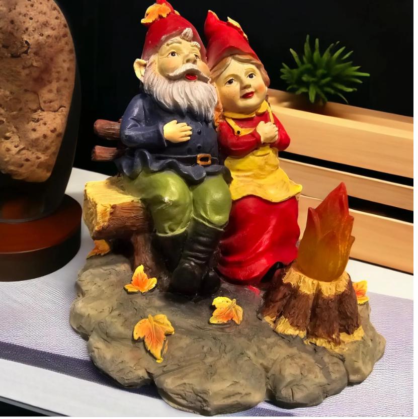 Camping Couple Gnomes - Solar Lantern Garden Statue, Fall Decor