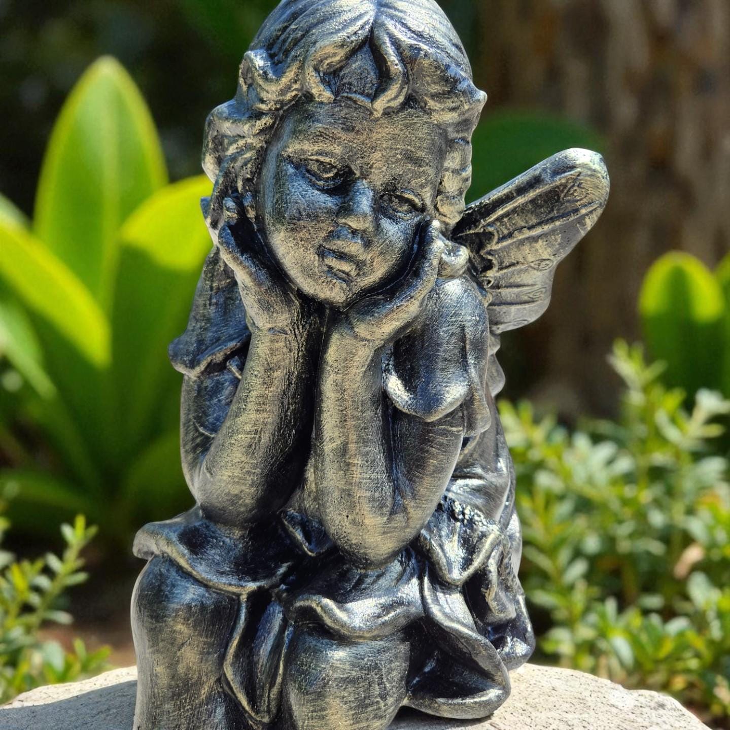 24" Concrete Sitting Angel Statue, Hand-Painted Garden Decor photo 5