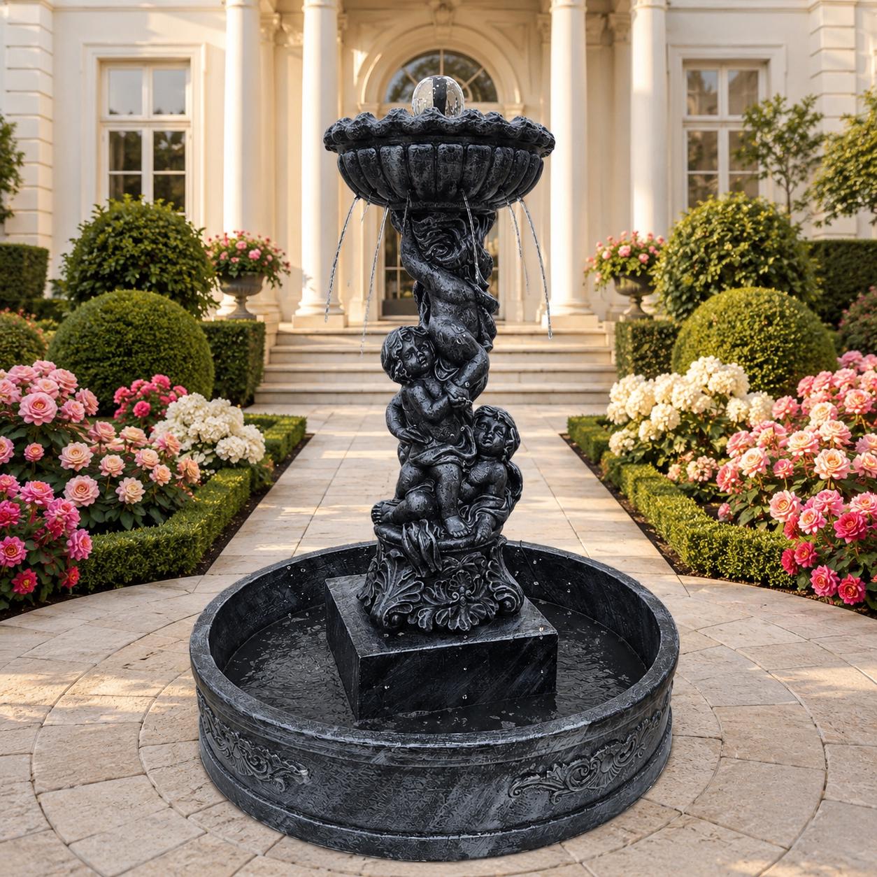 5 Ft Concrete Cherub Garden Fountain, Large Outdoor Water Feature, 4 Ft Basin, Estate Decor photo 7