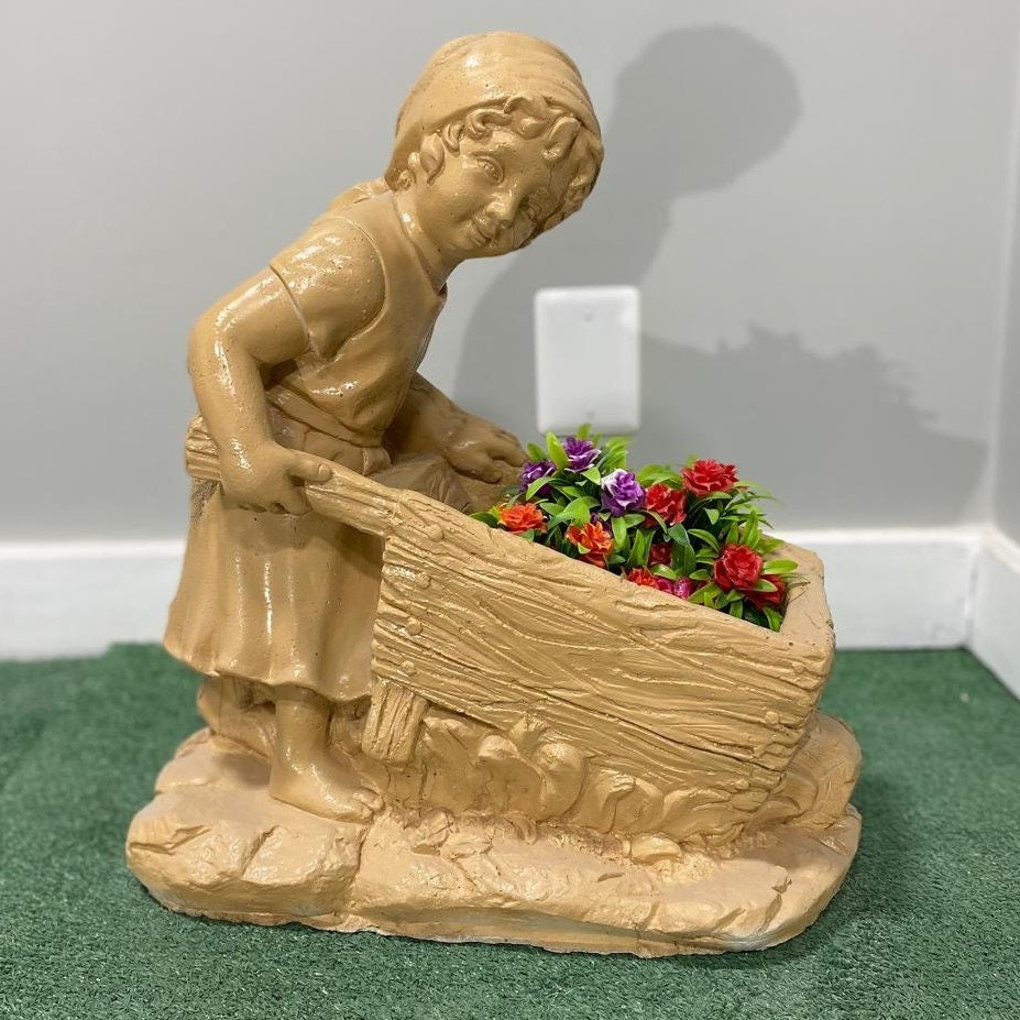 20" Concrete Girl with Wheelbarrow Statue, Hand-Painted Flower Pot photo 4