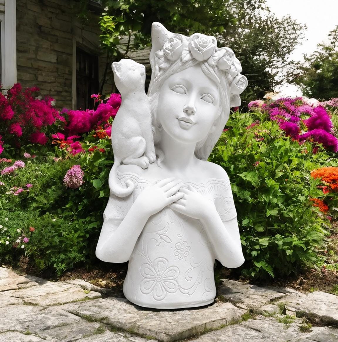 Rose Crown Girl Cat Statue, Hand-Painted Concrete Floral Sculpture, Cottage Garden Decor Yard Art photo 7
