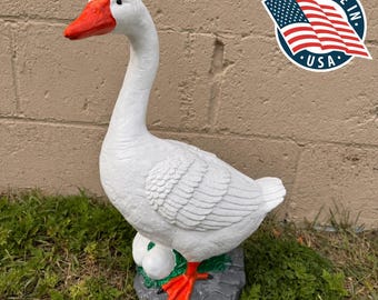 Large 19-Inch Cement Porch Goose Statue, Handmade Heavy Outdoor Dress-Up Garden Decor