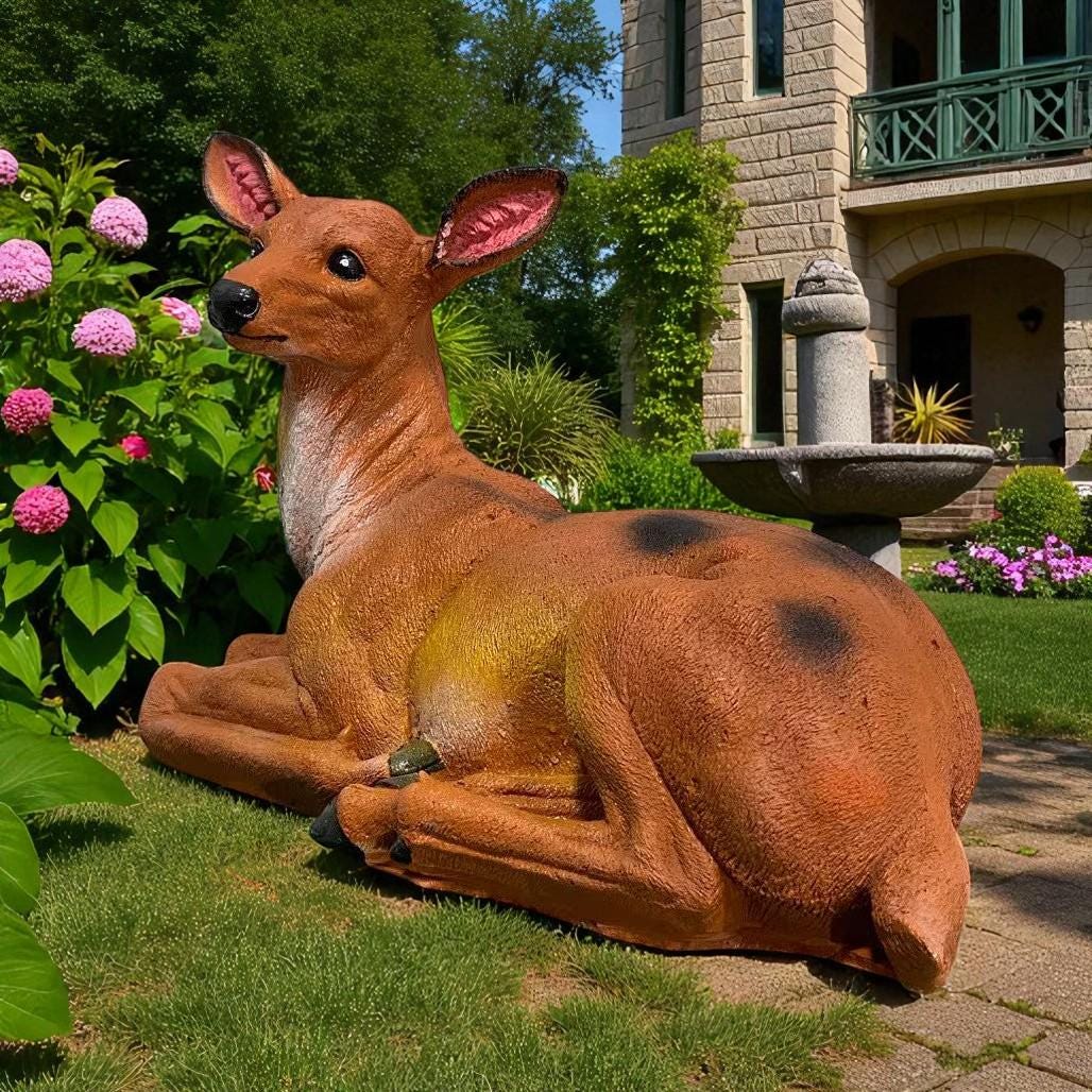 Solid Concrete Sitting Mother Deer Statue, Hand-Painted Outdoor Decor, Modern Home Accent
