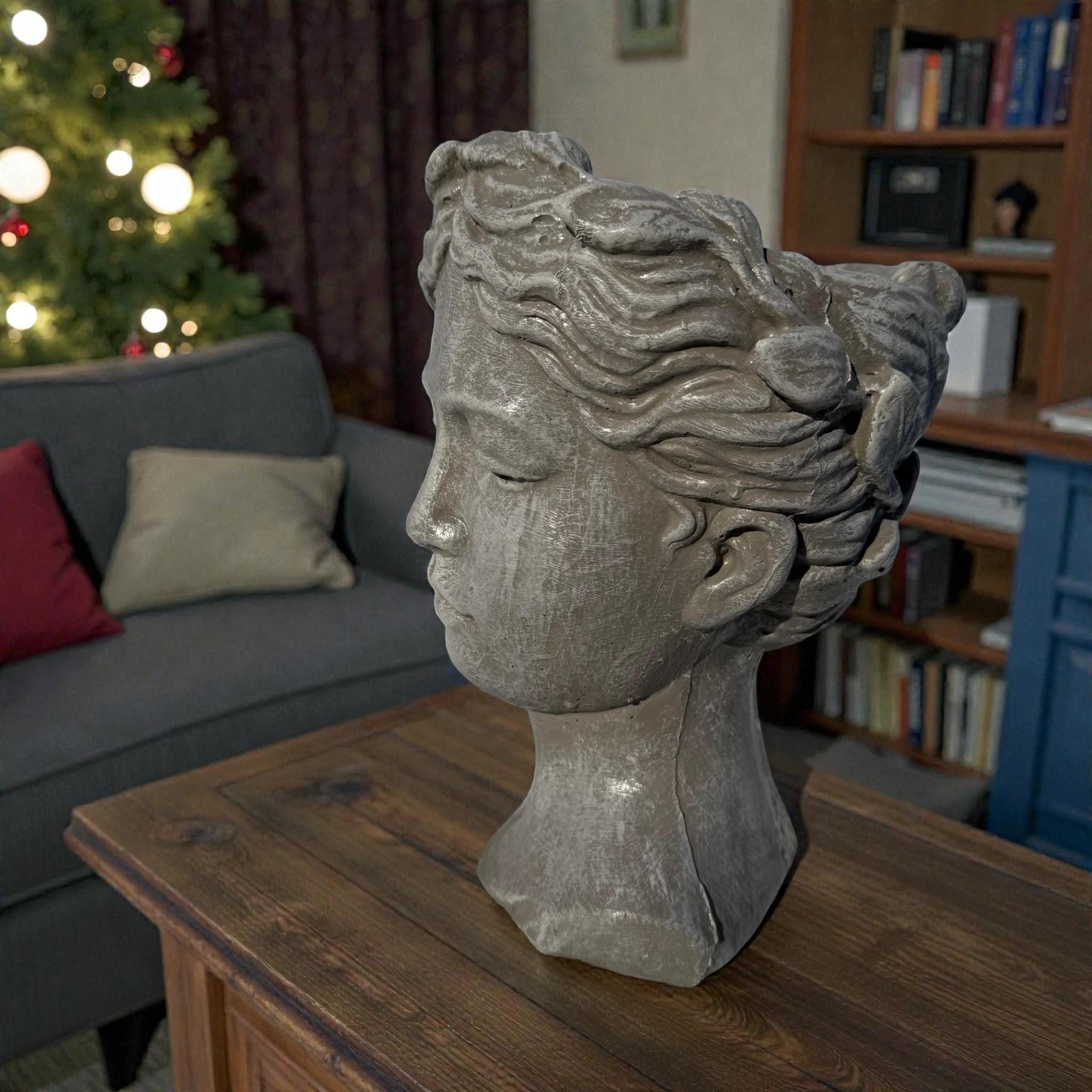 Concrete Head Planter, Fine Stone Finish, Garden Statue Gift photo 8