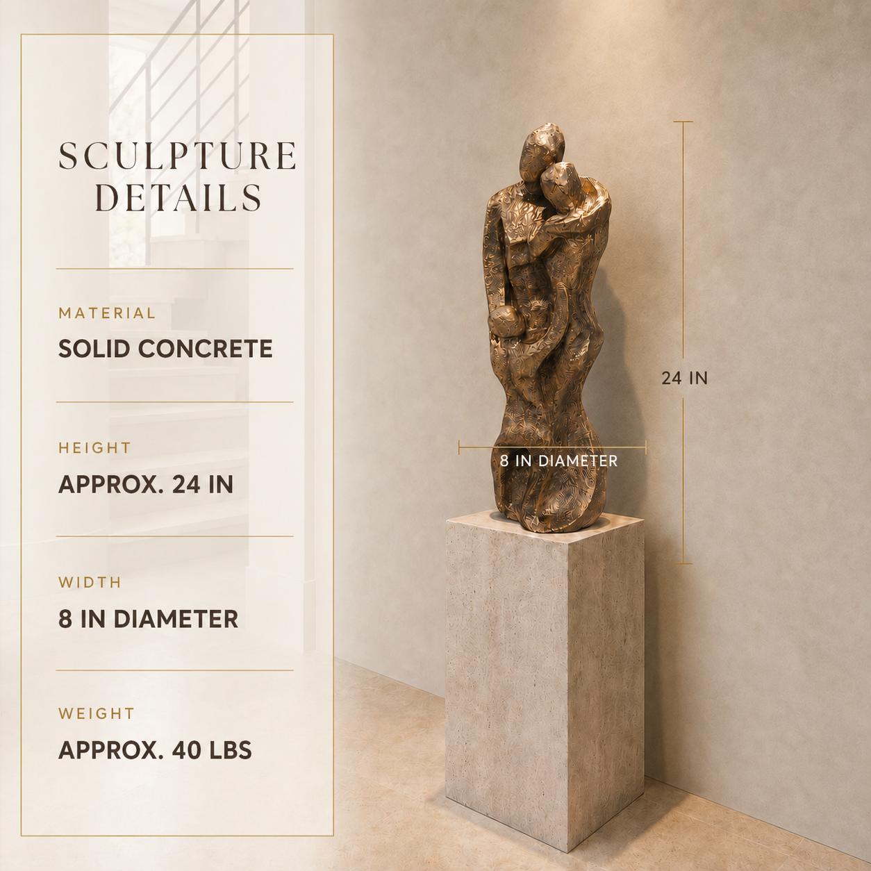 24-Inch Heirloom Bronze Solid Concrete Family Sculpture: Handmade Abstract Parent and Child Embrace Statue photo 2