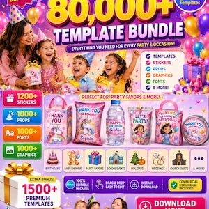 80000+ Party Favor Template Bundle, Party Favor Mockups, Chip Bag Water Bottle Label Shoe Box Template, Nutrition Facts, Canva Editable Svg