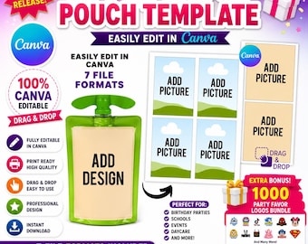 Plantilla de etiqueta para bolsa de puré de manzana, recuerdo de fiesta de cumpleaños (descarga digital), etiqueta para bolsa de jugo, plantilla de logotipos para recuerdos de fiesta, arrastrar y soltar en Canva