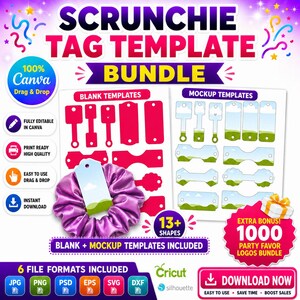Könnte beinhalten: Ein digitales Produktpaket mit Scrunchie-Tag-Vorlagen. Das Bild zeigt leere und Mockup-Vorlagen, ein lila Scrunchie und den Text "SCRUNCHIE TAG TEMPLATE BUNDLE". Enthält 13+ Formen und 6 Dateiformate. Bonus: 1000 Party-Favor-Logos.