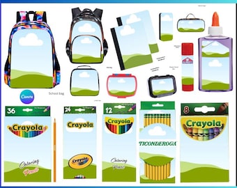 学用品テンプレート、新学期モックアップ、DIY新学期ドラッグ＆ドロップバンドル、クレヨンボックス、色鉛筆、スクールバッグ