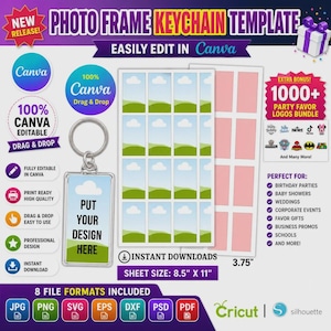 May include: Photo frame keychain template with the text "PUT YOUR DESIGN HERE". Includes 8 file formats and is easily editable in Canva. Sheet size is 8.5" x 11" and 3.75" wide. Includes a bonus of 1000+ party favor logos.