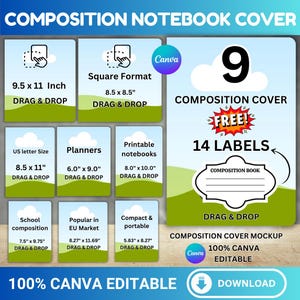 Composition Notebook Cover Template, Composition Notebook Canva Frame, Canva Editable Composition Notebook Cover, Back to School supply