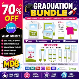 Graduation Bundle Template: Cap Topper, Stole, Fan, Shirt (Canva Editable), Graduation Stole, Canva Graduation Gift Set Grad Paddle Fan