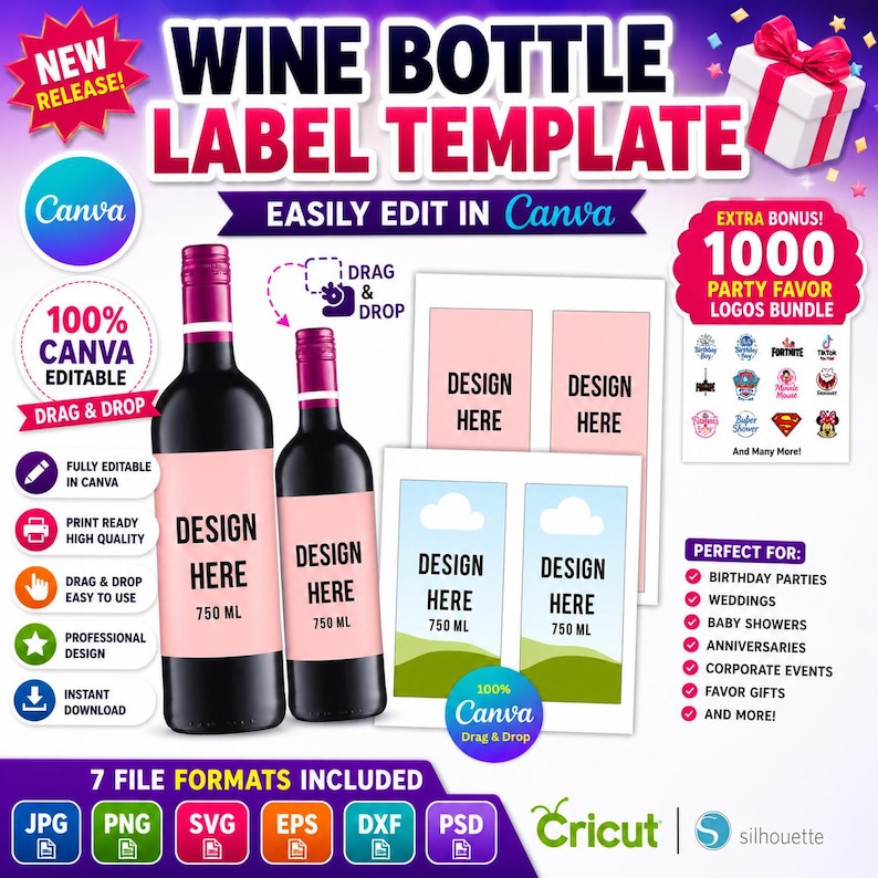 The image is a wine bottle label template that includes a sheet size of 8.5 x 11 inches, a drag and drop functionality, and various design elements. The template is designed to be easily edited in Canva, and it offers multiple design options for the labels. The image also includes logos for Cricut silhouette, Photoshop, and Adobe Illustrator, as well as a list of available editing tools and a free download option.