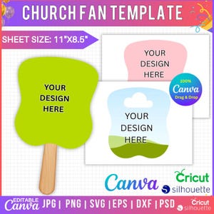 Op de afbeelding: Sjabloon voor kerkventilatoren met de tekst "CHURCH FAN TEMPLATE" en "SHEET SIZE: 11"X8.5"". Het ontwerp omvat een groene ventilator en drie ventilatorsjablonen met de tekst "YOUR DESIGN HERE". De afbeelding bevat ook de Canva- en Cricut-logo's.