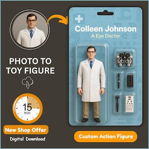 Eye Doctor Custom Action Figure, Personalized Boxed Doll Style Art, Photo to Custom Figure, action figures, Customizable Digital Toy