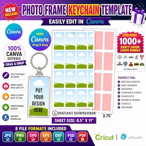 Puede incluir: Una plantilla digital para llaveros con marco de fotos, fácilmente editable en Canva. Incluye una maqueta de llavero, hojas imprimibles y una bonificación extra de más de 1000 logotipos de recuerdos de fiesta. Tamaño de hoja: 21,6 cm x 27,9 cm. 8 formatos de archivo incluidos.