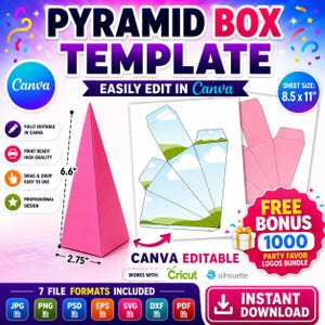 May include: Pink pyramid box template with dimensions of 6.6 inches high and 2.75 inches wide. The design is Canva editable and includes 7 file formats. The image also includes a bonus party favor logos bundle.