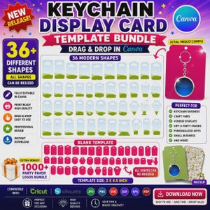 May include: A digital template bundle for keychain display cards. The image shows various shapes and designs, including a blank template and an example with a keychain. The template size is 3 x 4.5 inches.