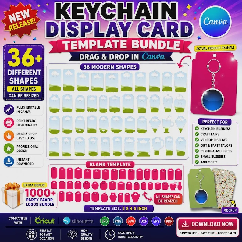 May include: A digital template bundle for keychain display cards. The image shows various shapes and designs, including a blank template and an example with a keychain. The template size is 3 x 4.5 inches.