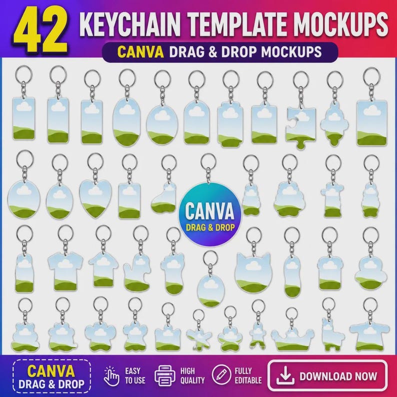 May include: A graphic showcasing 42 keychain template mockups in various shapes, including circles, hearts, and rectangles. The text "42 KEYCHAIN TEMPLATE MOCKUPS" and "CANVA DRAG & DROP MOCKUPS" are displayed. The image also includes the Canva logo and call to action buttons.