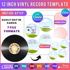 May include: A digital template for a 12-inch vinyl record, featuring a black record with a label that says "YOUR PICTURE HERE." The design includes editable elements, drag-and-drop functionality, and various file formats. The sheet size is 8.5" x 11".