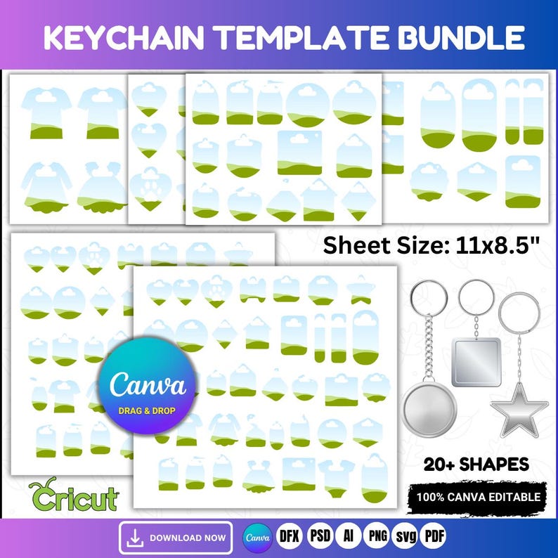 Editable keychain Canva template bundle preview with multiple shapes
Rectangle and circle keychain sublimation templates drag and drop
Motel keychain Canva frames customizable design preview
T-shirt keychain SVG template for Cricut and Silhouette
Keychain and earring template bundle mockup display
20 plus keychain shapes bundle editable files preview
Acrylic keychain sublimation design Canva template example