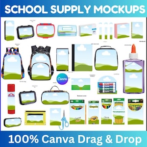 Puede incluir: Maquetas de material escolar, incluyendo mochilas, estuches, cuadernos, pegamento y lápices de colores. La imagen presenta varios artículos escolares con espacios personalizables, ideales para productos escolares.