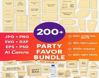 May include: A promotional image for a party favor bundle, featuring over 200 templates, logos, and props. The design includes various party favor packaging templates, a gift bag, and a cupcake. The image text includes "200+ Party Templates" and file type options.