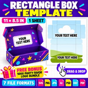 Puede incluir: Una plantilla digital de caja rectangular que muestra una caja morada con estrellas y formas coloridas, y un diseño plano con una nube y un paisaje verde. El texto dice RECTANGLE BOX TEMPLATE y YOUR TEXT HERE.