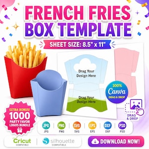 French Fries Box Template, Canva Editable Snack Box, Printable Party Favor Box, Food Packaging, Easy Drag And Drop, Instant Download