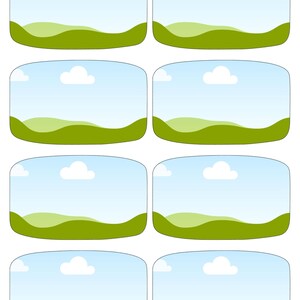 May include: A sheet of eight rectangular labels with a landscape design. Each label features a blue sky with white clouds, green rolling hills, and a dotted line border. The text at the bottom reads: PLEASE REMOVE DOTTED LINE BEFORE DRAG YOUR DESIGN ON TO IT.