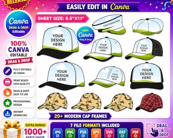 Plantilla de gorra de béisbol en Canva, plantilla de gorra de camionero, plantilla de gorra de béisbol, marco de gorras en Canva, plantilla de visera de sombrero, marcos de gorras editables en Canva