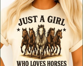 Just A Girl Who Loves Horses png, sublimatieontwerp westernpaard, retro cowgirl png, boerderijmeisje T-shirtontwerp, DTF-overdracht, schattig paard