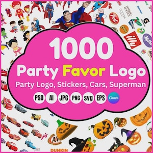 May include: A pink cloud-shaped graphic with the text "1000 Party Favor Logo" in white and yellow. Below, it says "Party Logo, Stickers, Cars, Superman." Icons for PSD, AI, JPG, PNG, SVG, EPS, and Canva are also present. The image includes cartoon characters and logos.